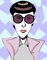 Edith Head, American costume designer, colour caricature with dark glasses