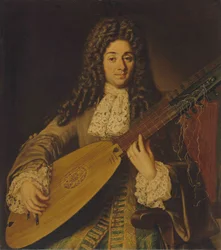 Portrait of a musician, probably Petruccio, half-length, playing a theorbo