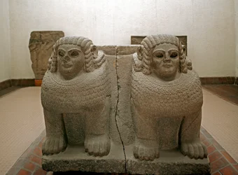 Neo-Hittite Art: Base of Column in Basalt Decorated with Sphinx. From the site of Samal. 8th century BC. Istanbul Archaeological Museum