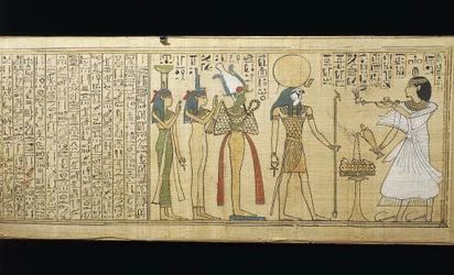 Papyrus of Khonsumes, The Book of the Dead: the deceased making offerings to Osiris, Isis and Nephthys