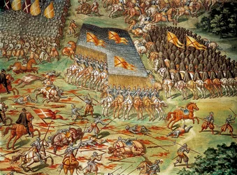 The Battle of St. Quentin (Saint Quentin), which saw the victory of the Spaniards over the French in 1557, during the Italian Wars, detail with cavalry attack