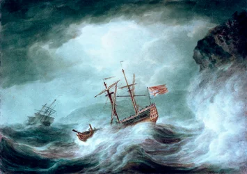 A storm, with an anchored ship in distress off rocky coast