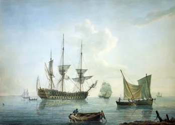 Third-class frigate (70 cannons), a fishing boat and other boats off the south coast of England