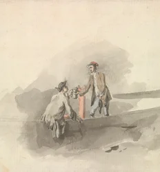 Two Men in a Boat Clinking Tankards