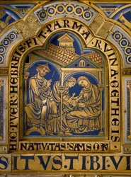 Verdun Altar made in gold and enamel by Nicolas de Verdun (ca.1130/50-1205): scenes from the Old and New Testament: detail representing the birth of Samson. 12th century, Klosterneuburg, Vienna, Austria