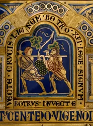 Verdun Altar made in gold and enamel by Nicolas de Verdun (ca.1130/50-1205): scenes from the Old and New Testament: (detail) representing the return of Josue and Caleb with a huge bunch of grapes from the land of Canaan (Promised Land). 12th century Kloste