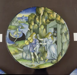 Orpheus and Eurydice at the Gates of the Underworld, maiolica plate, by Nicola Pellipario of Urbino (fl.1510-42), c.1515