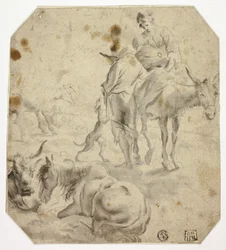 Woman and Child on Donkey, Man, Dogs, Horses