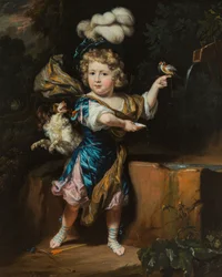 Boy with Bird and Dog at a Fountain