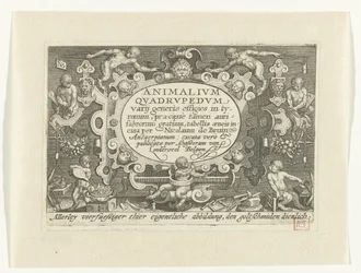 Title Print with Title in Cartouche Surrounded by Monkeys Working as Goldsmiths