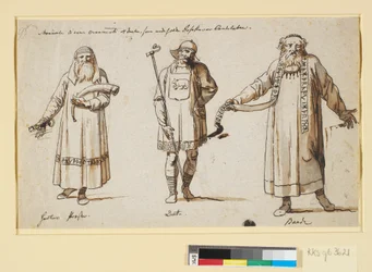 Costume Studies. Probably for the Theater. Three Figures, a Priest of Herta, a King, and a Bard