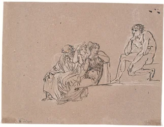A Group Consisting of an Old Man and Two Seated Women, Turning Towards a Man Sitting Higher Up