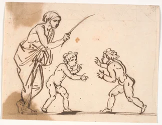 A Woman with a Stick, Which She Raises Against Two Small Boys About to Fight