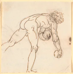 A Running Naked Man (Bowler?) with Stones in His Hands, Seen Half from the Back