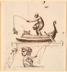 A Man in a Boat, Lifting a Fish on a Line. Below a Sketch of a Fisherman, a Head, and a Naked Man