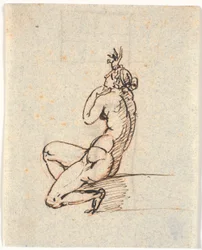 A Naked Seated Woman, Facing Left, with Raised Right Hand