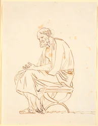 An Old Man in Antique Garb Sitting on a Stool, in Profile to the Left