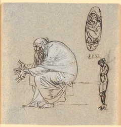 A Seated Long-Bearded Old Man in Profile to the Left with Outstretched Hands. Beside Him an Eros Figure in an Oval and a Standing Naked Young Man