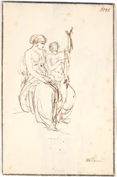 A seated young woman with a standing naked boy raising one arm