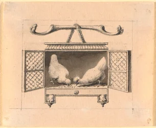 A Pair of Chickens in a Cage Pecking Grain