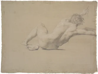 Half-Reclining Model. Seen from the Back. Left Arm Outstretched, Hand Grasping a Rope. Legs Bent, Right Under Left