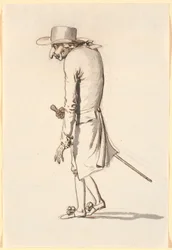Caricature of a Hunched Man Walking to the Left with a Cane in His Right Hand