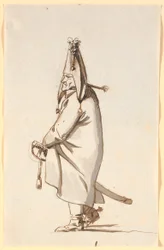 Caricature of a Military Person in a Long Cape, Riding His Saber as a Hobby Horse