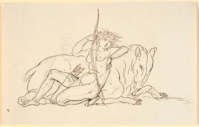 Female Figure with Arrows and Quiver, Sitting Leaning Against a Fantasy Animal (Possibly an Anteater). Allegory of America