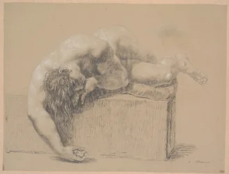 Lying Model on Plinth with Pillow. To the Right. Right Arm Hanging Over the Plinth. Left Arm Under the Head. Long Hanging Hair