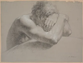 Upper Body of a Seated Model. Arms Crossed. Head Half Hidden by Left Hand