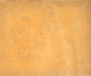 Seated Woman with Two Children and Profile Portrait in Circular Composition