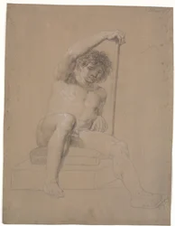 Seated Model on Low Plinth with Cushion. Seen from the Front. Holding a Staff in the Left Hand. Right Leg Extended