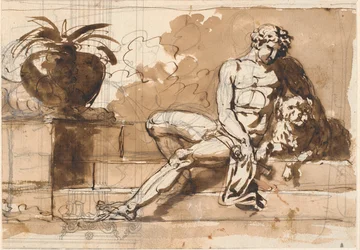 Seated Naked Man with a Poodle to the Left and an Agave