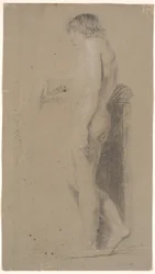 Standing Male Model. Profile Left. Leaning on High Plinth. Right Arm Outstretched