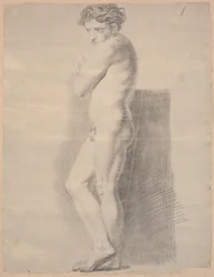 Standing Model. Profile to the Left. Arms Folded Over Chest. Feet Crossed