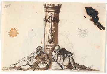 Two Old Naked Men Lying at the Foot of a Support, on Which a Club is Hung