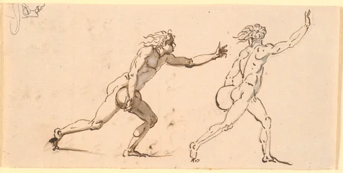 Two Naked Men Running to the Right, Each with a Large Stone in One Hand, and a Sketch of a Face in Profile