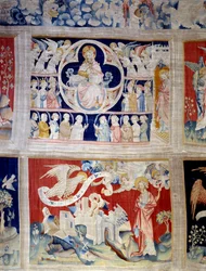 Curtain of Revelation: God and the Lamb, symbol of Christ. Below, the three angels liberate the powers