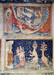 Curtain of Revelation: A Dragon Embodies the Devil in Front of a Woman About to Give Birth. John Looks at a Crowd Amazed by the Power of Beets. 1373-1383. Realised by Nicolas Bataille, Angers, Tapestry Museum