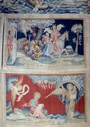 Hanging of Revelation, No. 24: The Fifth Trumpet: A Key Releases the Locusts. Below, No. 27: The Angel in the Book Appears to Saint John Who Transcribes the Divine Message to the Sound of the Seven Thunders