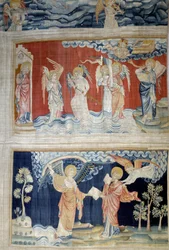 Hanging of Revelation (1373-1383), No. 25: The Sixth Trumpet, the Angels of the Euphrates. Below, No. 28, the Angel Hands Over the Book to Saint John Who Devours It