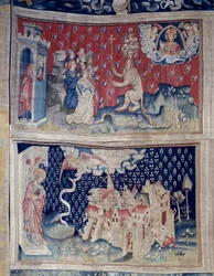 Hanging of Revelation (1373-1383), n. 42: Adoration of the Beast. n. 49: the fall of Babylon. Tapestry by Nicolas Bataille (1330-1405)