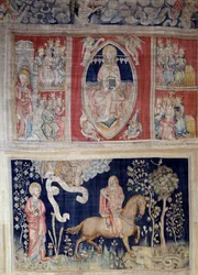 Hanging of Revelation (1373-1383), No. 4: Representation of Christ in Majesty (Jesus Christ in Glory is Represented Inside a Mandorla) or Tetramorphous. No. 9: The Red Horse and War