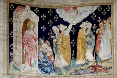 Hanging of Revelation (1373-1383), n. 28: the miracle. Faithful servants of God and prophets look at the river turned into blood. Tapestry by Nicolas Bataille (1330-1405)