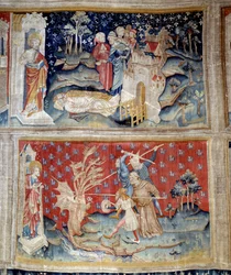 The curtain of the Apocalypse: the corpses lie on the ground, the dragon fights the servants of God incarnated by a monk and laics. Made by Nicolas Bataille