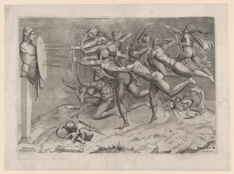 Naked Archers Shooting at a Target Attached to a Herm, Cupid Sleeping Below