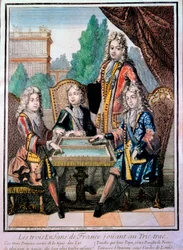 The grandchildren of Louis XIV, Louis Duke of Burgundy, Philippe, Duke of Anjou, and Charles, Duke of Berry with their father, Louis, dolphin of France, playing tric trac
