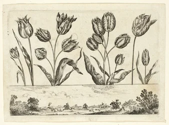 Flowers and Hunting Scene, from Livre Nouveau de Fleurs