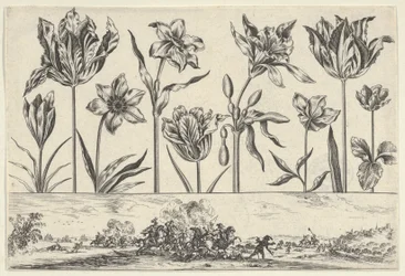 Horizontal Panel with a Row of Flowers Above a Frieze with a Battle Scene in a Landscape