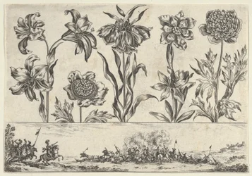 Horizontal Panel with a Row of Flowers Above a Frieze with a Battle Scene in a Landscape